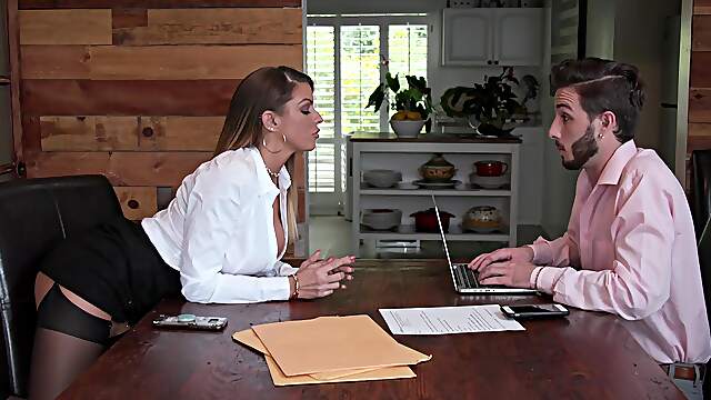 Clothed MILF fucks dude during job interview and gets really wild