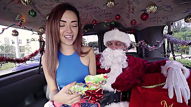 Teen redhead rides Santa's cock in the bang bus for extreme XXX
