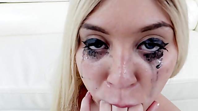 Eye makeup runs and makes a mess as this slut sucks cock