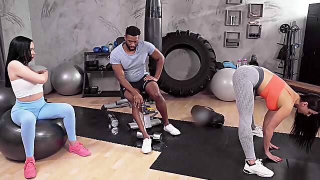 Sweet females share black personal trainer's cock like true pros