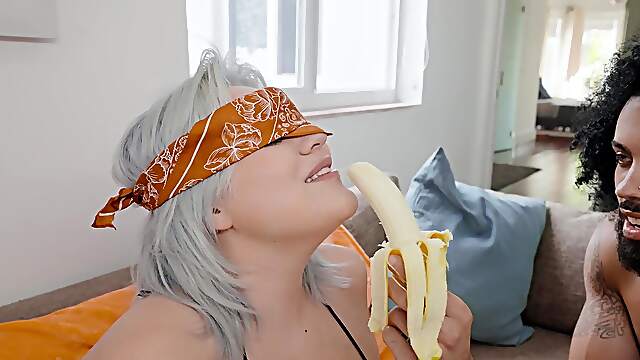 Nude busty blonde side fucked and left to swallow in interracial XXX