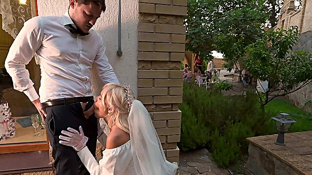 Slender blonde babe fucks with the best man on her wedding day