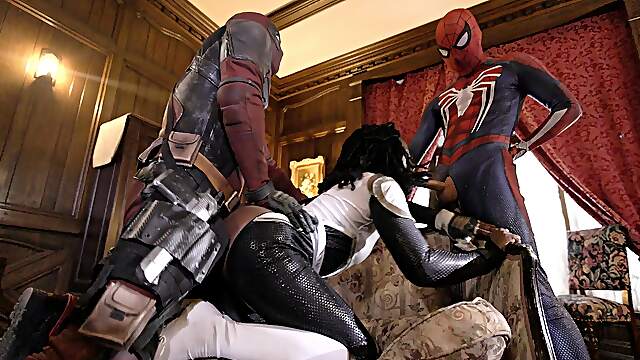 Ebony endures anal role play with guys dressed like DeadPool