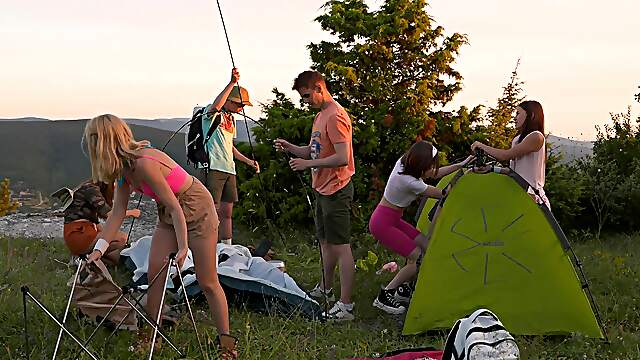 A hot foursome on a camping trip with sexy girls