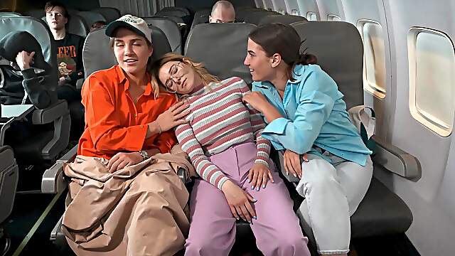 Two cute girls, including Aurora Heat, peeling bananas on the plane