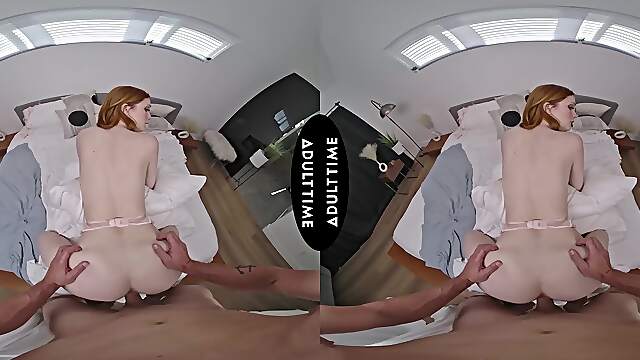 Redhead Scarlet Skies rides Nathan Bronson’s cock in doggy style