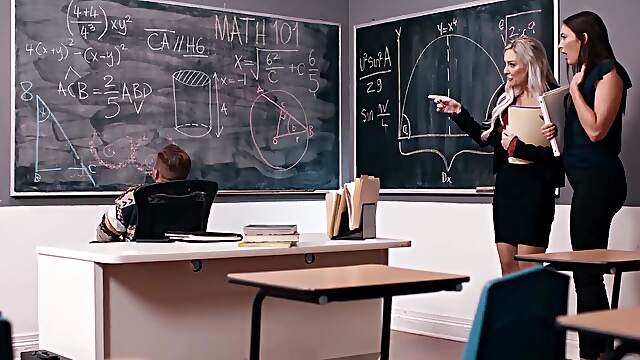 Nathan Bronson and Kenzie Taylor seduced Katrina Colt in the classroom setting.