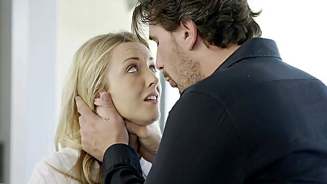 Two cute girls share a big cock in an intense threesome scene