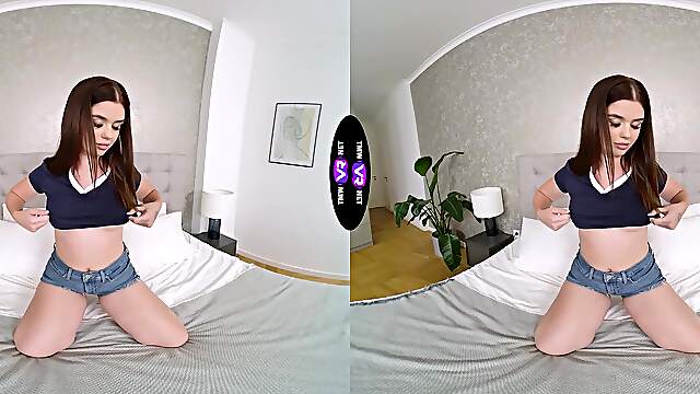 Blonde Brill Angel masturbates her pussy in a virtual reality scene