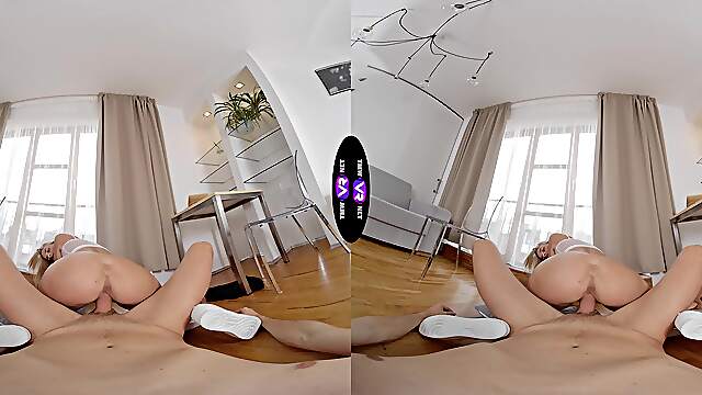 Blond babe Naomi Love flaunts her huge melons in wild positions