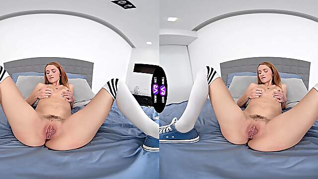 Teen Lucianna Luci's tiny titties in VR as she pleasures her shaved peach with fingers