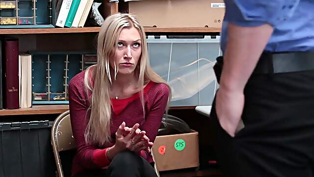 Blondie bares her tiny boobies while boss Tommy gets a peek