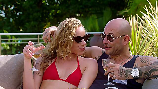 Skinny Alberto and busty Angel in a sizzling poolside encounter