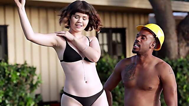 Redheaded cutie Jovan and dark stud Yhivi go at it in a steamy poolside scene