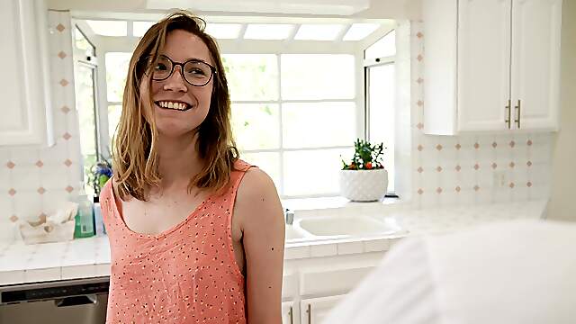 Teen Claire in glasses takes a juicy cock in the kitchen