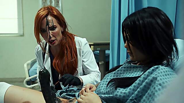 Four horny babes indulge in a wild reversed ride on the doc's giant dildos