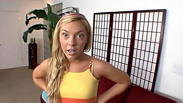 Blond bombshell Ally Kay teases in lace bras and panties before a steamy POV BJ