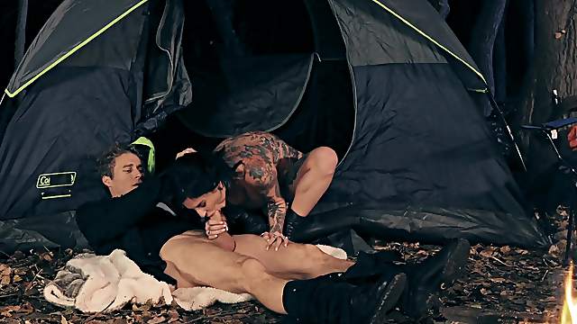 Camping trip leads the hot brunette to a wild fuck fest