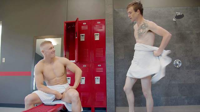 Gay lads share the locker room for insane anal sex