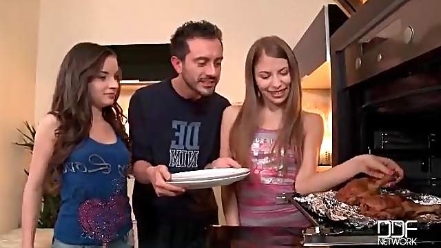 Teens cook him dinner and suck his dick